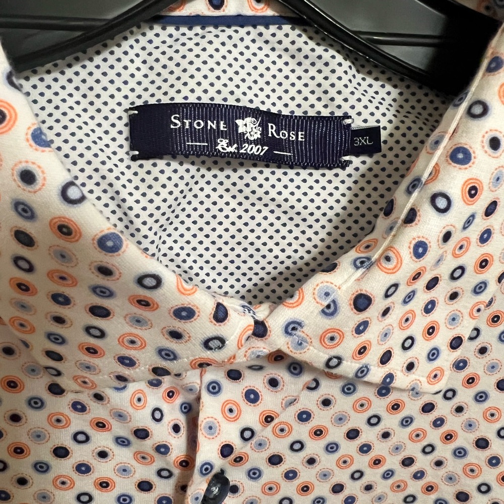 Stone Rose Men’s White Shirt with Navy and Orange Dot Pattern - Size: 3XL